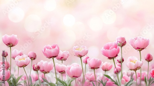 Fototapeta Naklejka Na Ścianę i Meble -  10.Elegant pink peonies in various stages of bloom, scattered across a warm, pastel pink backdrop, with a soft-focus bokeh effect enhancing the sense of depth and romance.