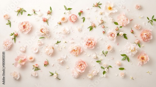 Fototapeta Naklejka Na Ścianę i Meble -  18.Romantic and airy peonies in various stages of bloom, scattered across a neutral, soft-focus background, evoking a sense of natural elegance and dreamy botanical beauty.