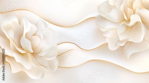 Fototapeta Naklejka Na Ścianę i Meble -  48.Abstract floral wallpaper featuring flowing gold lines tracing the intricate contours of peony petals, blending with soft white and champagne hues, exuding a modern yet classic sophistication