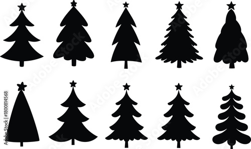 Christmas tree silhouette collection, festive black vector icons, stylized pine shapes with star toppers, seasonal clipart pack, winter holiday graphic design elements