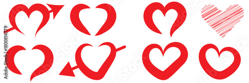 Doodle hearts sketch set. Various different hand drawn heart icon love collection isolated on white background. Red heart symbol for Valentines Day.
