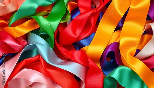 Assortment of colorful satin ribbons in various widths and textures,  bright,  grosgrain ribbon