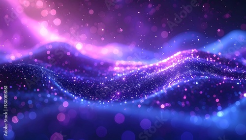 A vibrant, abstract digital art piece showcasing undulating waves of luminous particles, with bokeh effects in hues of purple, blue, and pink