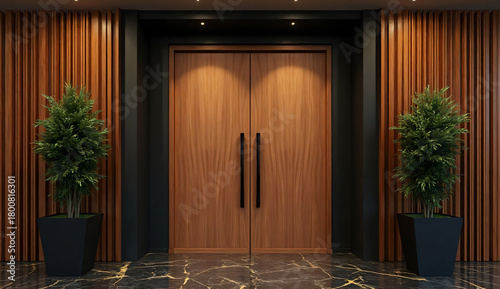 image of a modern luxury double wooden door with rich natural wood grain and smooth matte finish.