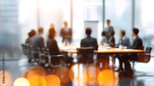 Business people and presentation in boardroom on meeting for planning and conversation as partner Blurred employees teamwork and collaboration with discussion on report for feedback on company