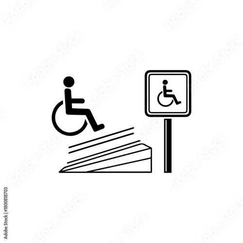 A wheelchair symbol descends stairs on an accessible ramp near a handicapped sign