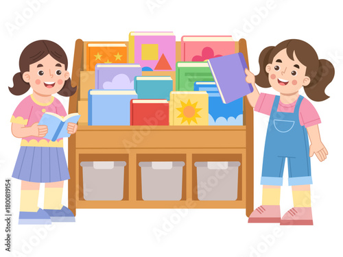 Illustration of Girls Reading Books by Bookshelf