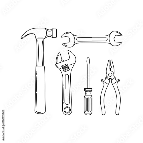 An illustration shows a hammer open wrenches a screwdriver and pliers