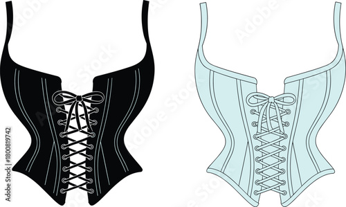Corset fashion illustration, black and blue lace-up design, structured silhouette, front view sketch, stylish lingerie concept, vector apparel, garment construction detail duo
