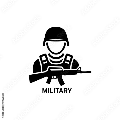 Blackandwhite image of a soldier with a helmet holding a rifle text MILITARY at the bottom