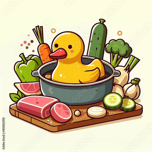 A yellow rubber duck sits in a pot among varied vegetables on a wooden cutting board