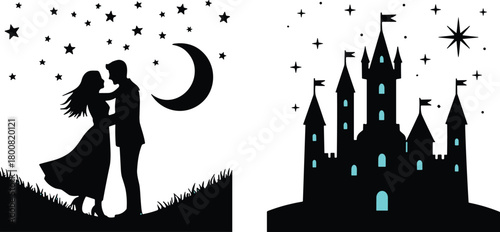 Romantic couple and fantasy castle silhouette with moon and stars, black vector illustration for love, fairy tale, and magical night-themed design and decoration