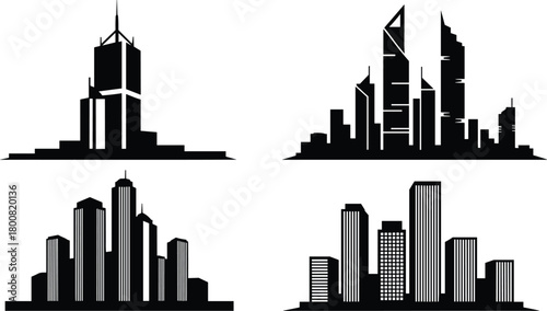 Modern city skyline silhouette set, urban architecture vector illustration with skyscrapers, office buildings, downtown cityscape, and metropolitan skyline design in black and white