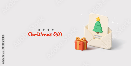 3D Christmas envelope, letter to Santa Claus, red gift. Best gift for the holidays, Christmas. Promotional offers, children, magic. Vector illustration.