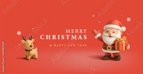 3D fun Santa Claus character with gift in hand and festive deer with bell. Red banner. For Christmas and New Year greeting concepts. Vector illustration.