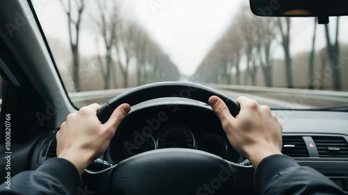 First person view of hands on a steering wheel driving on a road trees lining the sides, conveying travel journey