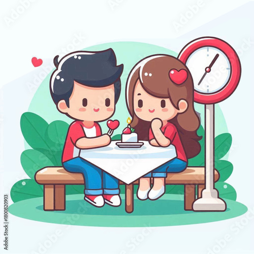 Cartoon couple on a bench with cake heart and clock