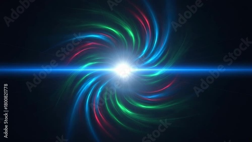 Abstract swirling vortex of colorful light trails a bright central lens flare, representing energy motion