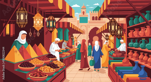 Flat vector scene of a lively Middle Eastern souk with vendors selling spices, fabrics, pottery, and dates. Solid colors, no gradients, cultural marketplace lifestyle illustration