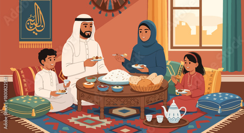 Flat vector Middle Eastern family sitting on floor around low table sharing traditional food. Solid warm colors, no gradients, cultural family dining lifestyle illustration