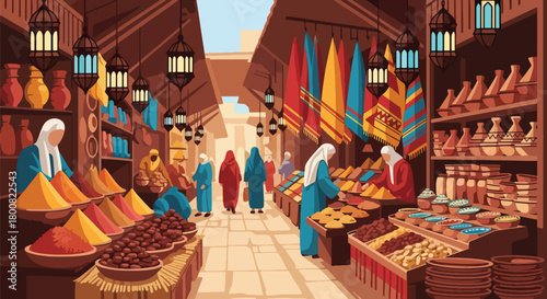 Flat vector scene of a lively Middle Eastern souk with vendors selling spices, fabrics, pottery, and dates. Solid colors, no gradients, cultural marketplace lifestyle illustration