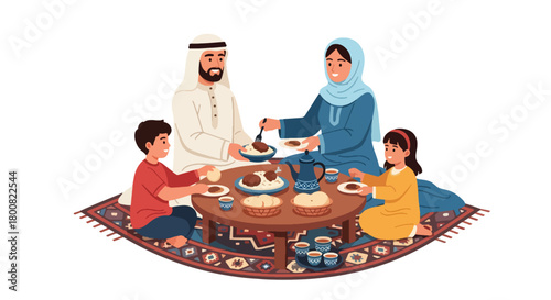 Flat vector Middle Eastern family sitting on floor around low table sharing traditional food. Solid warm colors, no gradients, cultural family dining lifestyle illustration