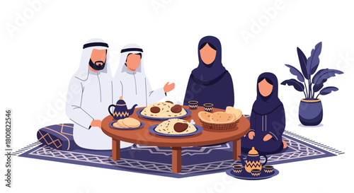 Flat vector Middle Eastern family sitting on floor around low table sharing traditional food. Solid warm colors, no gradients, cultural family dining lifestyle illustration