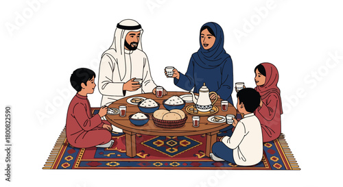 Flat vector Middle Eastern family sitting on floor around low table sharing traditional food. Solid warm colors, no gradients, cultural family dining lifestyle illustration
