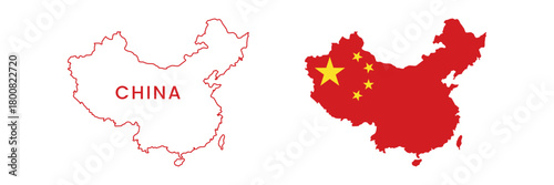 China Map Outline and Flag Silhouette – Vector of Chinese National Map