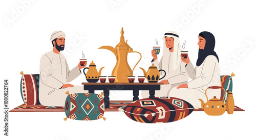 Flat vector illustration of people enjoying Arabic coffee at traditional café with cushions and dallah pot. Solid tones, no gradients, warm Middle Eastern social lifestyle scene