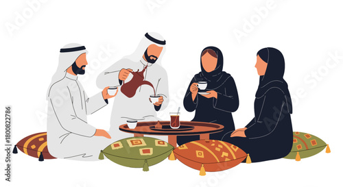 Flat vector illustration of people enjoying Arabic coffee at traditional café with cushions and dallah pot. Solid tones, no gradients, warm Middle Eastern social lifestyle scene