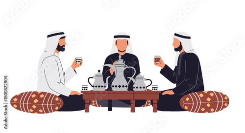Flat vector illustration of people enjoying Arabic coffee at traditional café with cushions and dallah pot. Solid tones, no gradients, warm Middle Eastern social lifestyle scene