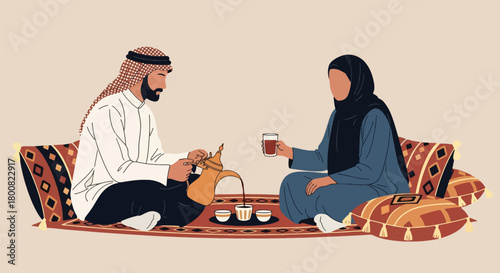 Flat vector illustration of people enjoying Arabic coffee at traditional café with cushions and dallah pot. Solid tones, no gradients, warm Middle Eastern social lifestyle scene
