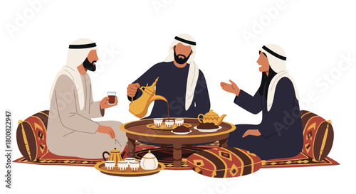 Flat vector illustration of people enjoying Arabic coffee at traditional café with cushions and dallah pot. Solid tones, no gradients, warm Middle Eastern social lifestyle scene