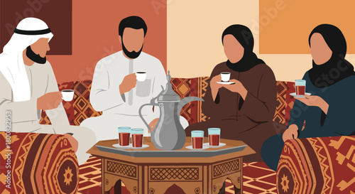 Flat vector illustration of people enjoying Arabic coffee at traditional café with cushions and dallah pot. Solid tones, no gradients, warm Middle Eastern social lifestyle scene