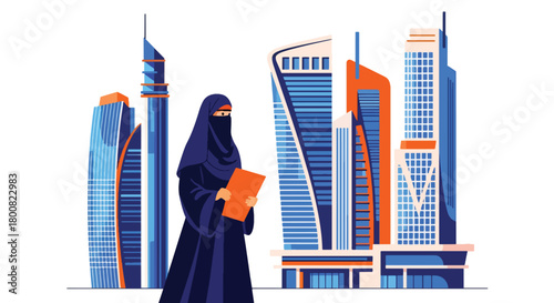 Flat vector Middle Eastern woman wearing abaya walking through modern city with tall buildings and palm trees. Solid tones, no gradients, cultural urban lifestyle illustration