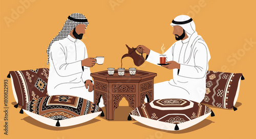 Flat vector illustration of people enjoying Arabic coffee at traditional café with cushions and dallah pot. Solid tones, no gradients, warm Middle Eastern social lifestyle scene
