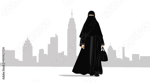 Flat vector Middle Eastern woman wearing abaya walking through modern city with tall buildings and palm trees. Solid tones, no gradients, cultural urban lifestyle illustration