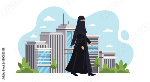Flat vector Middle Eastern woman wearing abaya walking through modern city with tall buildings and palm trees. Solid tones, no gradients, cultural urban lifestyle illustration