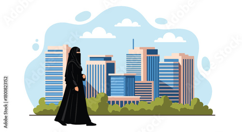Flat vector Middle Eastern woman wearing abaya walking through modern city with tall buildings and palm trees. Solid tones, no gradients, cultural urban lifestyle illustration