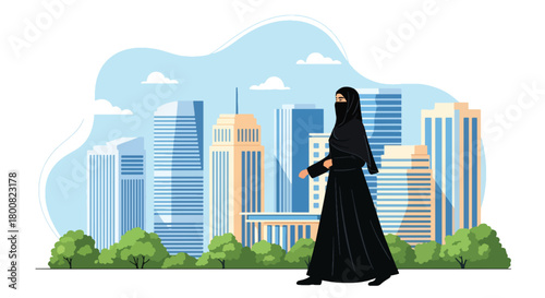 Flat vector Middle Eastern woman wearing abaya walking through modern city with tall buildings and palm trees. Solid tones, no gradients, cultural urban lifestyle illustration