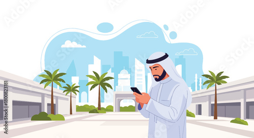 Flat vector Middle Eastern man in thobe checking smartphone while standing outdoors near palm-lined walkway. Solid colors, no gradients, modern cultural lifestyle concept