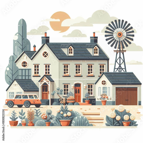 Cartoon illustration of a charming farmhouse with a windmill car and potted plants