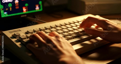 Close up of hands typing on a vintage computer keyboard while playing a retro game.