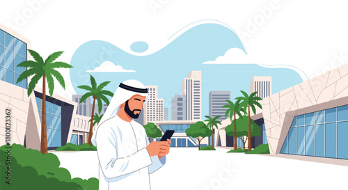 Flat vector Middle Eastern man in thobe checking smartphone while standing outdoors near palm-lined walkway. Solid colors, no gradients, modern cultural lifestyle concept