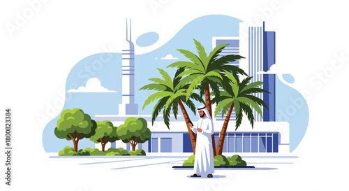 Flat vector Middle Eastern man in thobe checking smartphone while standing outdoors near palm-lined walkway. Solid colors, no gradients, modern cultural lifestyle concept