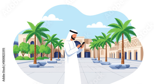 Flat vector Middle Eastern man in thobe checking smartphone while standing outdoors near palm-lined walkway. Solid colors, no gradients, modern cultural lifestyle concept
