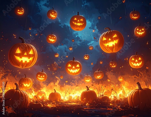 A whimsical night scene features numerous glowing jack-o'-lanterns against a fiery backdrop, evoking Halloween. Pumpkins float against a dark sky