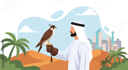 Flat vector Middle Eastern falconer holding trained falcon in desert landscape. Solid earthy colors, clean shapes, no gradients, cultural wildlife tradition illustration