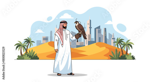 Flat vector Middle Eastern falconer holding trained falcon in desert landscape. Solid earthy colors, clean shapes, no gradients, cultural wildlife tradition illustration